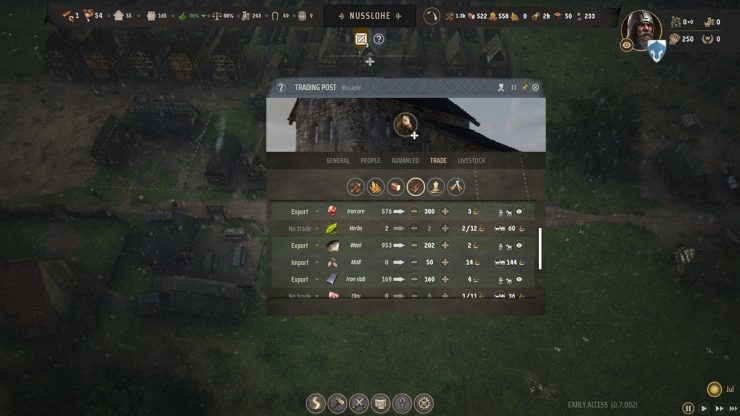 Explaining more advanced mechanics behind trading in Manor Lords, an image showing the best resources to trade